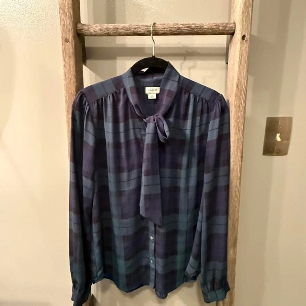 J.Crew blue & green plaid blouse with tie neck Size S - Picture 2 of 6
